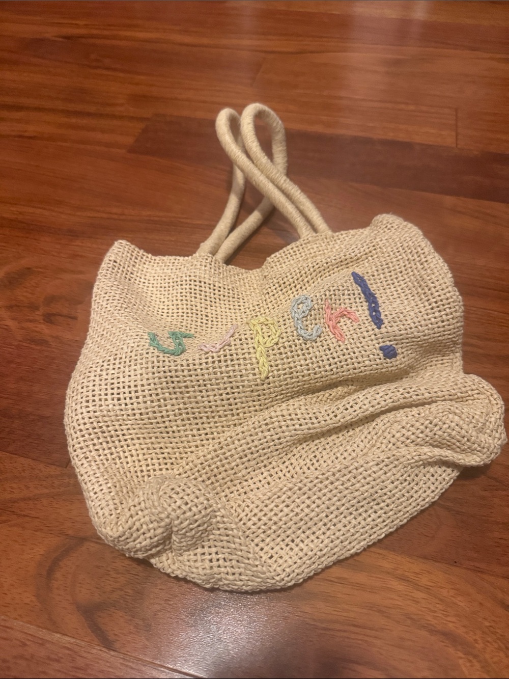 Beige Woven Tote Bag with Colorful Embroidered Lettering